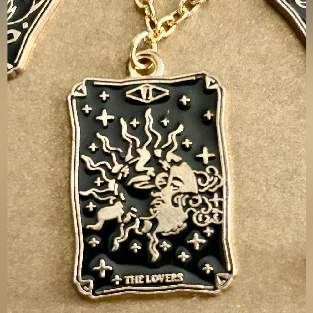 NWOT Necklace tarot card charms: strength, sun, lovers, star black enamel 21β - Picture 7 of 9